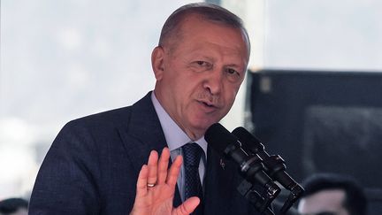 Le président turque Recep Tayyip Erdogan dans un discours à Nicosie en Chypre du Nord, le 21 juillet 2021. Photo d'illustration. (IAKOVOS HATZISTAVROU / AFP)