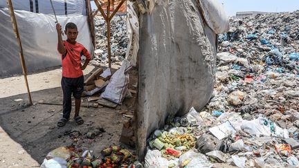 Un enfant palestinien dans le secteur de Khan Younès, dans la bande de Gaza, le 18 juillet 2024. (ABED RAHIM KHATIB / ANADOLU)