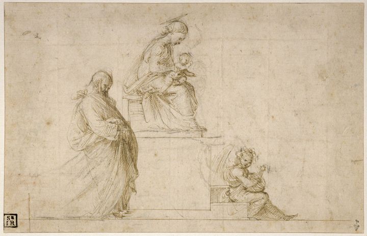 Fra Bartolommeo, La Vierge à l’Enfant, sur un piédestral, entourée de Joseph et d’un ange jouant de
 (Musée de Condé / RMN / Michel Urtrado)