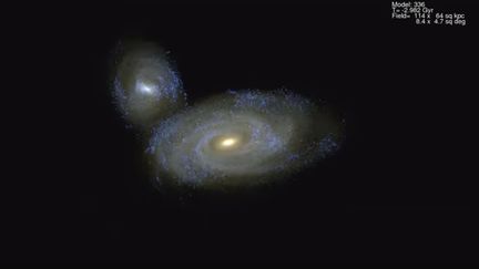 Une galaxie a effectué un premier passage près d'une autre, il y a environ 7 milliards d'années. Lors du second passage, il y a environ 3 milliards d'années, les deux ont fusionné. (OBSERVATOIRE DE PARIS)