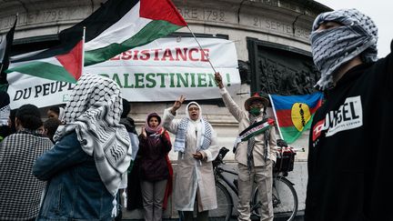 The demonstration brought together supporters of Palestine, the Kanaks of New Caledonia and far-left activists who came to pay tribute to Clément Méric.  Paris, June 1, 2024 (JEROME GILLES / NURPHOTO)