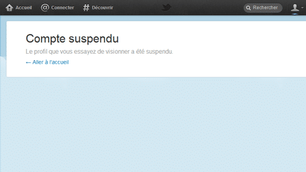 Le message d'erreur affich&eacute; par Twitter lorsqu'un compte est suspendu. (CAPTURE D'ÉCRAN TWITTER)