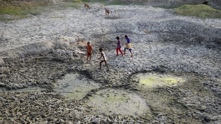 Des enfants jouent dans le lit d'une rivière asséchée à Phoolpur (Inde), le 14 mai 2016. (RITESH SHUKLA / NURPHOTO / AFP)