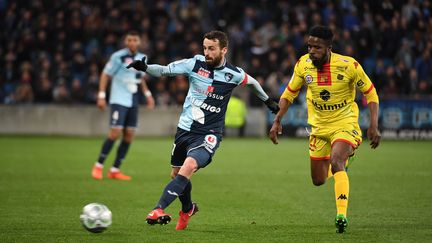 Le Havrais Alexandre Bonnet lors de la rencontre contre Quevilly-Rouen, le 30 mars 2018, lors de la 31e journée de Ligue 2. (EMMANUEL LELAIDIER / MAXPPP)