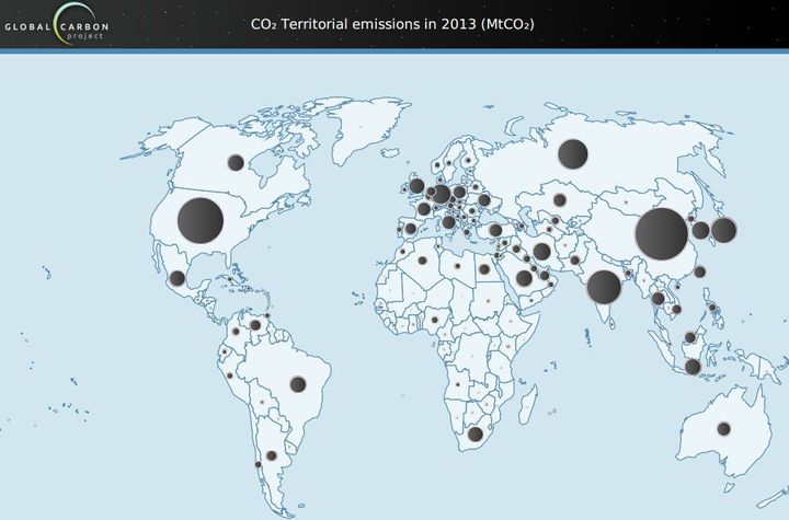 Emission de CO²  par région du monde en 2013 (Global Carbon project)