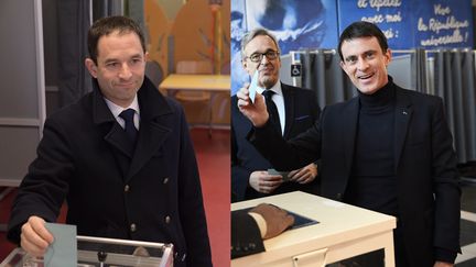 Benoît Hamon et Manuel Valls ont voté pour le second tour de la primaire de la gauche, dimanche 29 janvier 2017 à Trappes (Yvelines)&nbsp;et à Evry (Essonne). (CHRISTOPHE ARCHAMBAULT / AFP)