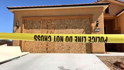 La maison Stephen Paddock, à Mesquite (Nevada) à 145 km de Las Vegas, a été investie par le FBI.&nbsp;&nbsp; (RADIO FRANCE / FRANCEINFO)