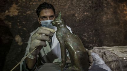 «Le scarabée momifié est quelque chose de vraiment unique. C'est quelque chose d'assez rare», a commenté Mostafa Waziri lors d'une conférence de presse. A l'époque des pharaons, les momies animales étaient utilisées comme offrandes religieuses.
 (KHALED DESOUKI / AFP)