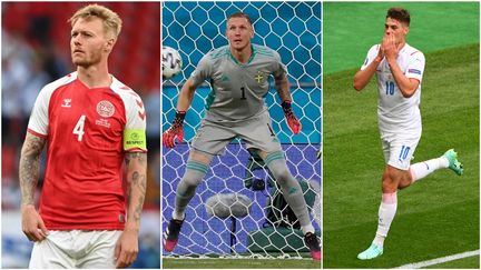 Simon Kjaer (Danemark),&nbsp;Robin Olsen (Suède) et&nbsp;Patrik Schick (République Tchèque) lors de la première journée de l'Euro 2021. (AFP)