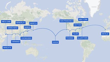 Les étapes du&nbsp;tour du monde de l'avion solaire&nbsp;Solar Impulse 2. (NICOLAS ENAULT / FRANCETV INFO)