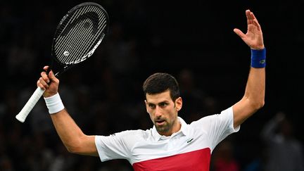 Novak Djokovic a remporté son sixième titre du Masters 1000 de Paris-Bercy aux dépens de Daniil Medvedev, le 7 novembre 2021. (CHRISTOPHE ARCHAMBAULT / AFP)