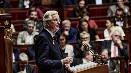 Le Premier ministre Michel Barnier prononce son discours de politique générale devant l'Assemblée nationale, le 1er octobre 2024. (ANTONIN BURAT / LE PICTORIUM / MAXPPP)