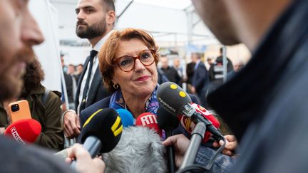 La ministre de l'Agriculture, Annie Genevard, au sommet de l'élevage à Cournon dans le Puy-de-Dôme, le 3 octobre 2024. (MARIE JULLIARD / HANS LUCAS / VIA AFP)