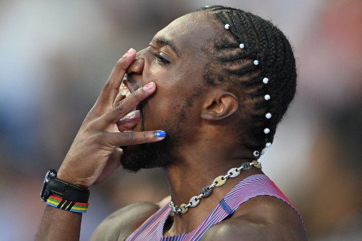 L'athlète américain Noah Lyles au Stade de France (Seine-Saint-Denis), le 4 août 2024. (ANDREJ ISAKOVIC / AFP)