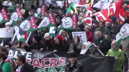 Samedi 11 novembre, à Paris, des milliers de manifestants ont réclamé un cessez-le-feu dans la bande de Gaza et l'arrêt du blocus dans l'enclave palestinienne. (FRANCEINFO)