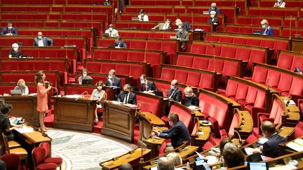 Coralie Dubost, députée de l'Hérault, lors de la deuxième lecture du projet de loi bioéthique à l'Assemblée nationale, le 30 juillet 2020.&nbsp; (GUILLAUME GEORGES / MAXPPP)