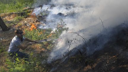 Un homme qui tente de contenir le feu à&nbsp;Bormes-les-Mimosas, le 26 juillet 2017. (ANNE-CHRISTINE POUJOULAT / AFP)