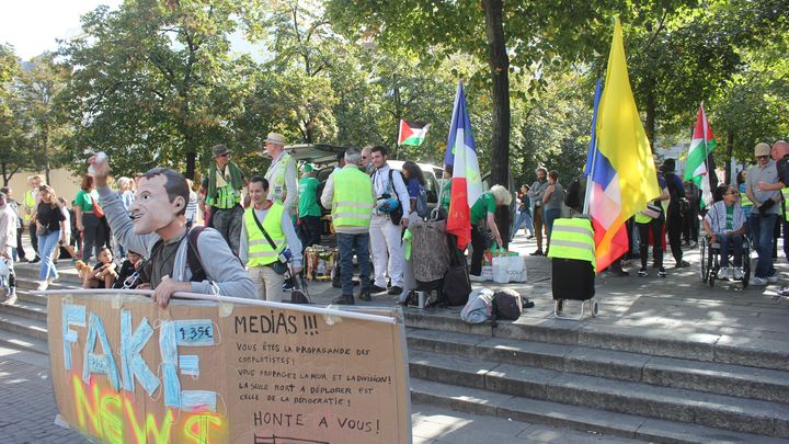 Une petite centaine de "gilets jaunes" lors d'un rassemblement, le 7 octobre 2023, dans le 1er arrondissement de Paris. (CLEMENT PARROT / FRANCEINFO)