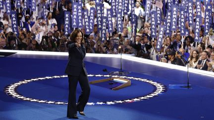 La candidate démocrate à la présidentielle américaine, Kamala Harris, lors de son intronisation à la convention démocrate de Chicago, Illinois (Etats-Unis), le 22 août 2024. (KAMIL KRZACZYNSKI / AFP)