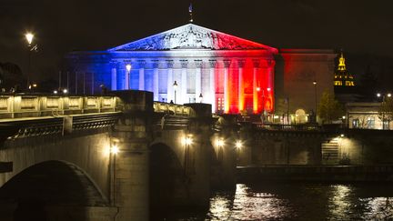 L'Assemblée nationale illuminée de bleu, blanc et rouge, après les attentats de Paris, le 17 novembre 2015.&nbsp; (JOEL SAGET / AFP)