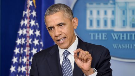 Le pr&eacute;sident am&eacute;ricain, Barack Obama, dans la salle de presse de la Maison blanche, &agrave; Washington (Etats-Unis), le 30 mai 2014. (OLIVIER DOULIERY / DPA / AFP)