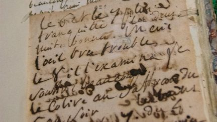 Un manuscrit du Marquis de Sade, lors de l'exposition "Manuscrits de l'Extrême" à la BNF, en 2019. (SANDRINE MARTY / HANS LUCAS)