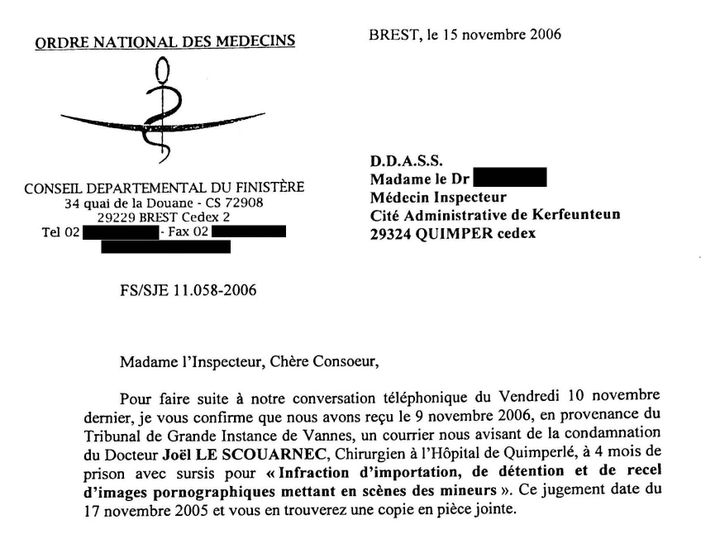 Lette du directeur de l’Ordre national des médecins adressée à la DDASS du Finistère, en novembre 2006, à propos de Joël Le Scouarnec. (franceinfo / Cellule investigation de Radio France)