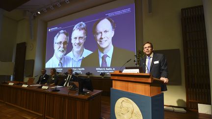 Thomas Perlmann (à droite), annonce les lauréats du prix Nobel de médecine, le 7 octobre 2019 à Stockholm (Suède). (JONATHAN NACKSTRAND / AFP)