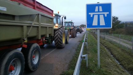 Des tracteurs s'engagent sur l'autoroute A13, le 21 novembre 2011, dans les Yvelines, dans le cadre d'une tentative de "blocus" de Paris. (YANN THOMPSON / FRANCETV INFO)