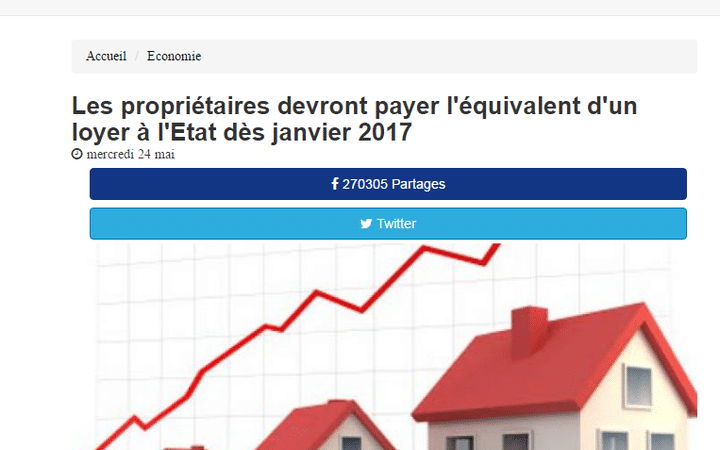 Un faux article annonçant une taxe pour les propriétaires en janvier 2017 a été partagé plus de 250.000 fois sur Facebook (Capture d'écran actualite.co)