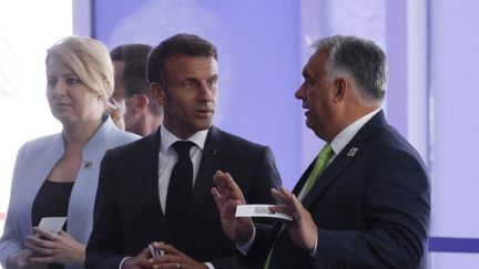 Le président français Emmanuel Macron et le Premier ministre hongrois, Viktor Orban, à Vilnius (Lituanie) le 11 juillet 2023. (LUDOVIC MARIN / AFP)