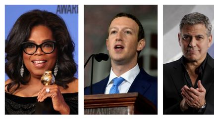 De gauche à droite : Oprah Winfrey, Mark Zuckerberg, George Clooney, Dwayne Johnson&nbsp; (Lucy Nicholson / Paul Marotta / Toru Hanaï / Gus Ruelas / REUTERS)