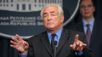 L'ancien chef du FMI, Dominique Strauss-Kahn, lors d'une conf&eacute;rence &agrave; Belgrade, le 17 septembre 2013. (ALEXA STANKOVIC / AFP)