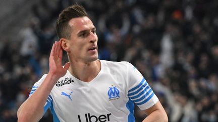 Arkadiusz Milik après son but contre Angers le 4 février 2022. (NICOLAS TUCAT / AFP)