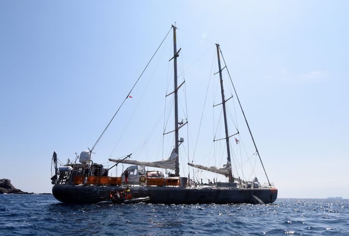 La goélette Tara mouille au large de l'île&nbsp;Shikinejima, située à 150 kilomètres au sud de Tokyo (Japon) le 28 mars 2017. (TORU YAMANAKA / AFP)