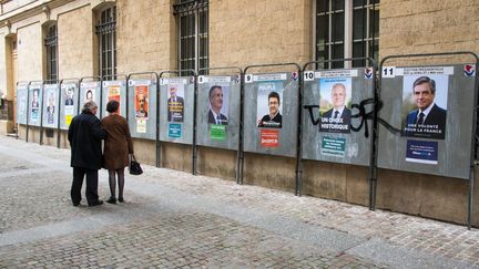 Devant les affiches des candidats à la présidentielle, à Paris, en avril 2017. (DANIEL FOURAY / MAXPPP)