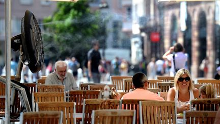 Un ventilateur-brumisateur, sur une terrasse de café, à Strasbourg (Bas-Rhin), le 22 juillet 2013. (PATRICK HERTZOG / AFP)