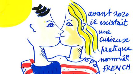 French Kiss de Jean Charles de Castelbajac.&nbsp;Avant 2020, il existait une curieuse pratique nommée le french kiss.&nbsp;Le contact les baisers, s'embrasser, tous ces nouveaux&nbsp; interdits feront-ils place à la renaissance d'un désir romantique&nbsp;? (JCDC)