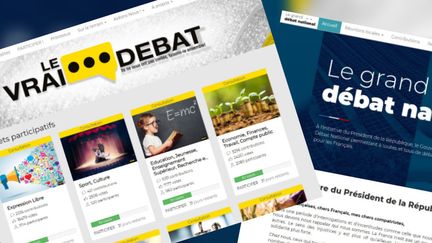 Les pages d'accueil des deux plateformes de débat : à gauche, celle des "gilets jaunes" et à droite, celle du gouvernement, le 31 janvier 2019. (FRANCEINFO)