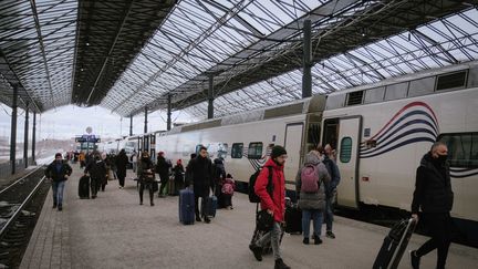 Un train "Allegro" en gare d'Helsinki, en Finlande, le 3 mars 2022.&nbsp; (ALESSANDRO RAMPAZZO / AFP)