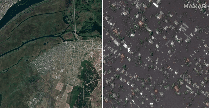 On the left, the location of Olechky, near a marsh area and the river (before the floods).  On the right, zoom on part of the occupied city, June 7, 2023, after the destruction of the Kakhovka dam.  (GOOGLE MAPS / MAXAR TECHNOLOGIES)