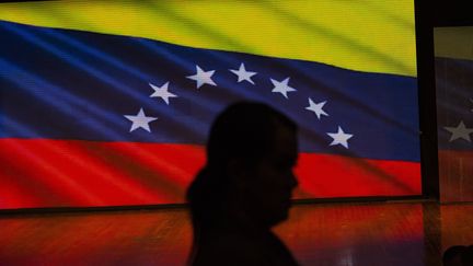 Une femme marchant devant un écran avec le drapeau du Venezuela, lors d'un meeting entre l'autoproclamé président par intérim Juan Guaido, et des étudiants de l'Université Centrale du Venezuela (UCV), à Caracas, le 8 février 2019.&nbsp; (MARCELO PEREZ DEL CARPIO / ANADOLU AGENCY)