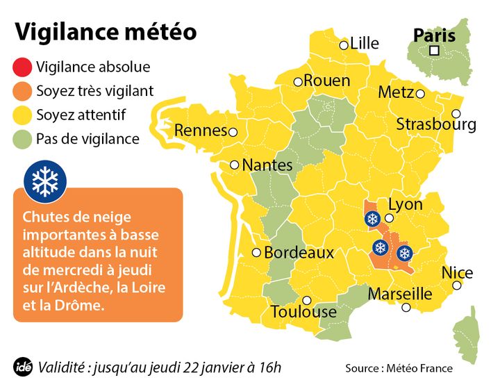 &nbsp; (Vigilance orange à la neige maintenue dans l'Ardèche, la Drôme, et la Loire © IDÉ)