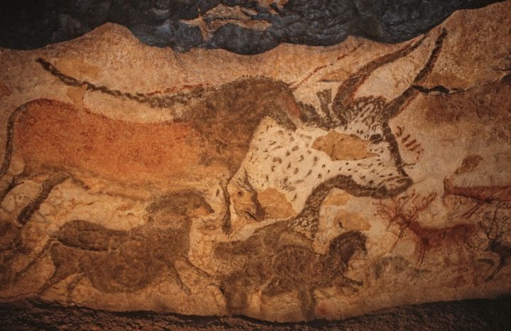 Peinture rupestre représentant des animaux sauvages sur une des parois de la grotte de Lascaux, en Dordogne. (JEAN-DANIEL SUDRES / AFP)