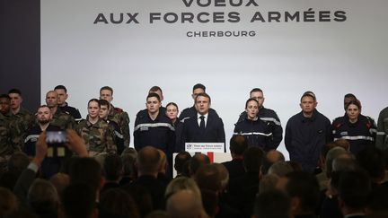 President Emmanuel Macron presents his wishes to the armies on January 19, 2024 in Cherbourg (Manche).  (CHRISTOPHE PETIT TESSON / AFP)