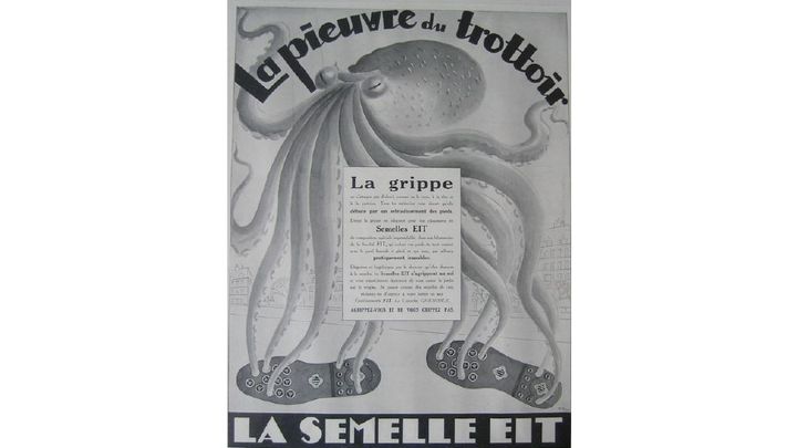 Publicit&eacute; pour les semelles EIT, datant de l'entre-deux-guerres. "Agrippez-vous et ne vous grippez-pas !", est-il &eacute;crit en bas. (DR)