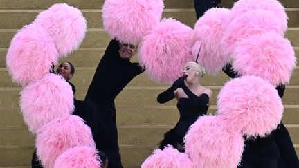 Corset noir et plumes roses. La star de la pop Lady Gaga a interprété "Mon truc en plumes" de Zizi Jeanmaire, titre emblématique du music-hall français. (ARIS MESSINIS / AFP)