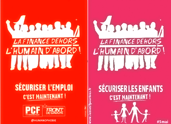 Un montage de l'association Stop Homophobie montre les similitudes entre une affiche du Front de gauche et une&nbsp;autre du collectif La Manif pour tous. (STOP HOMOPHOBIE / FRANCETV INFO)