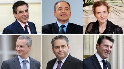 De gauche &agrave; droite, et de haut en bas : Fran&ccedil;ois Fillon, Jean-Fran&ccedil;ois Cop&eacute;, Nathalie Kosciusko-Morizet, Bruno Le Maire, Xavier&nbsp;Bertrand et Christian Estrosi.&nbsp; (AFP / MONTAGE FTVI )