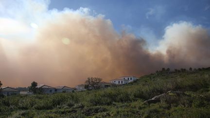 Un nuage du fumée s'approche des habitations à Biguglia (Haute-Corse), où un incendie fait&nbsp;rage lors du passage de la tempête Ciara, le 11 février 2020. (PASCAL POCHARD-CASABIANCA / AFP)